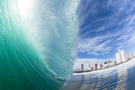 Wave crashing hollow water power along Durban beachfront South-Africa