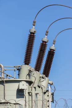 Electricity sub station transformer cable connections to distribute power energy to economy.