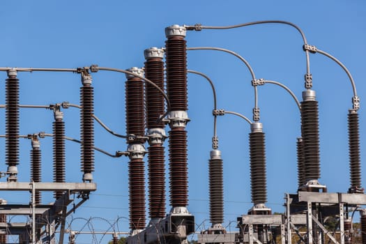 Electricity sub station transformer cable connections to distribute power energy to economy.