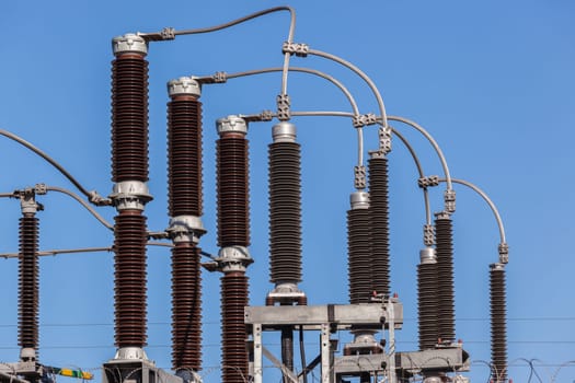 Electricity sub station transformer cable connections to distribute power energy to economy.