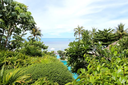 beautiful seascape with the island on the background of blue sky with