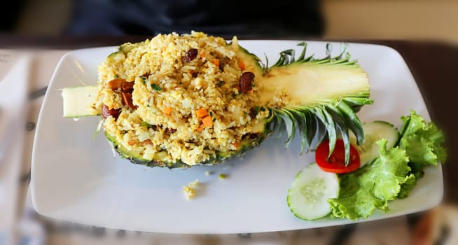 Rice with vegetables pineapple photographed close up