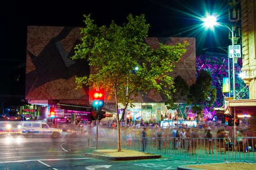 Melbourne, Australia - 21 February 2015: Art colorful projections over historical buildings.  More then 500,000 people joined annual Melbourne's White Night cultural festival in 21 February, Melbourne, Australia