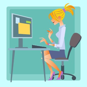 The woman working at the computer. Office theme. Work with electronic documents and social networks