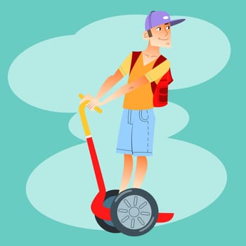 A young tourist on electric scooter looks around. Travel and tourism