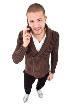 young casual man full body on the phone, isolated