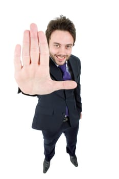 young businessman going stop with the hand, in a white background