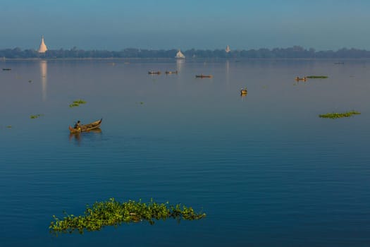 fishermen fishing on the Taungthaman Lake Amarapura Mandalay state Myanmar