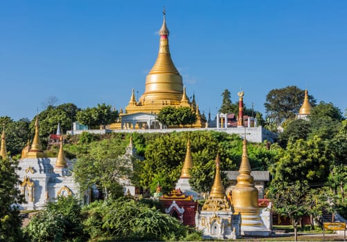 Sagaing hills and temples skyline near Mandalay Myanmar (Burma)