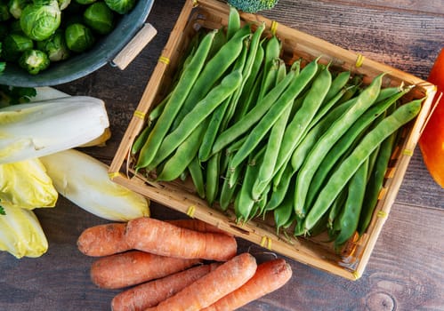 the seasonal vegetables, flat beans, sprouts, endives, carrots