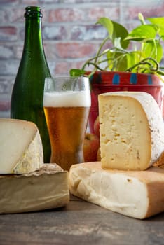 cheeses and Tomme de Savoie with a glass of beer, French cheese Savoy, french Alps France.