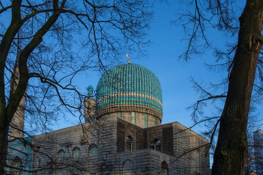 Mosaic dome of a mosque in St. Petersburg low angle view