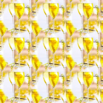 Seamless abstract festive white background with glasses of yellow wine.
