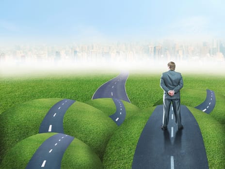 Businessman standing back on grass hills road fork
