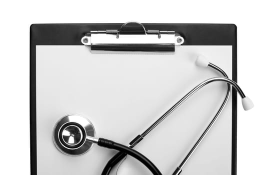 Medical stethoscope on clipboard. Isolated on white