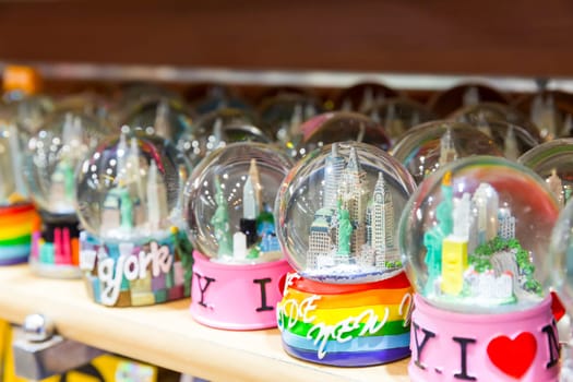 Snowball souvenir, I Love NY. Souvenirs at a store in New York, USA