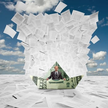 Scared businessman in money boat under huge wave of documents