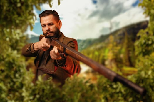 Hunter man in vintage hunting clothing sitting in the bushes and aiming a rifle. Hunt lifestyle, antique weapon