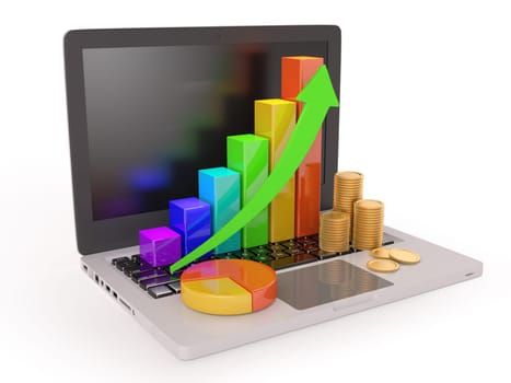 Laptop with coins and multicolored diagram isolated on white