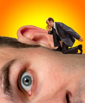 Small businessman screaming to big man ear
