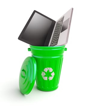 Green garbage bin with computer isolated on white