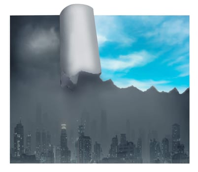 Dull, grey city with piece of bright blue sky, hope concept