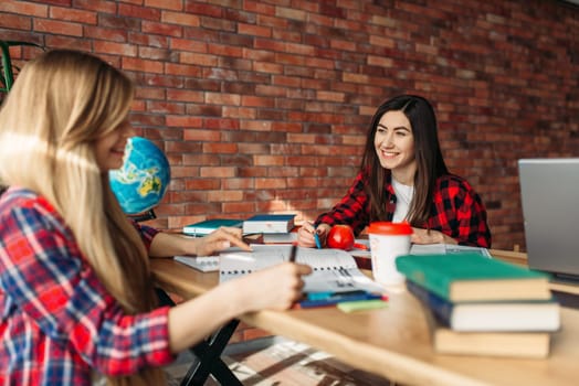 Two female students studying at the table together. People preparing for exams, teamwork in highschool