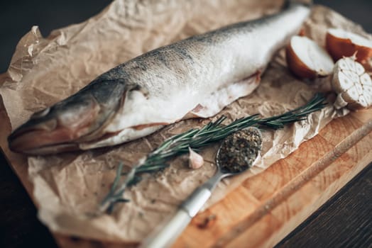 Fresh fish preparation, rosemary, spices, onion and garlic on cutting board covered with parchment paper, closeup view