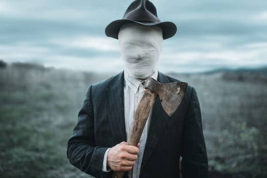 Serial murderer with axe in hands, face wrapped in bandages, bloody maniac concept, crazy monster, crime and violence