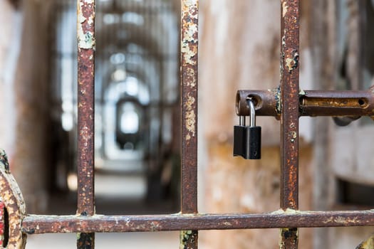 Door lock on rusty metal cell door in old prison. Blur jail hallway on background