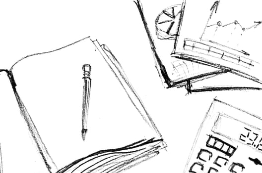 Pencil sketch of business workspace. Isolated on white