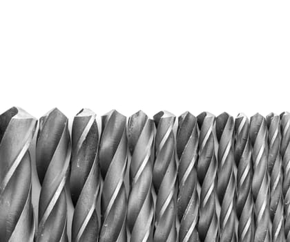 Drill bits isolated on white, macro