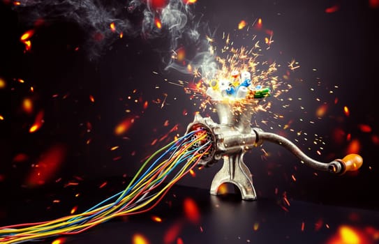 Retro mincing machine is grinding up colorful batteries to cables