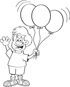 Black and white illustration of a boy holding balloons.