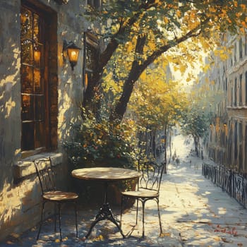 Digital painting of a charming European cafe with outdoor seating, warm lantern light, and golden autumn leaves. The serene cobblestone street enhances the nostalgic ambiance.