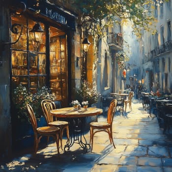 A digital painting of a cozy European cafe with warm lighting, elegant wooden tables, and flowers. The charming cobblestone street and soft sunlight create a romantic ambiance.