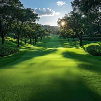 Scenic view of a golf course fairway lined with trees, illuminated by the morning sun, casting long shadows over the vibrant green grass.