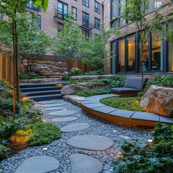 A stylish urban courtyard featuring lush greenery, a stone pathway, modern seating, and ambient lighting, surrounded by brick residential buildings with large windows.