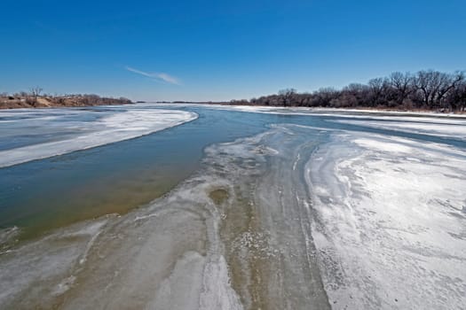 Colorful Ice and Water in the Late Winter on the Platte River near Kearney, Nebraska