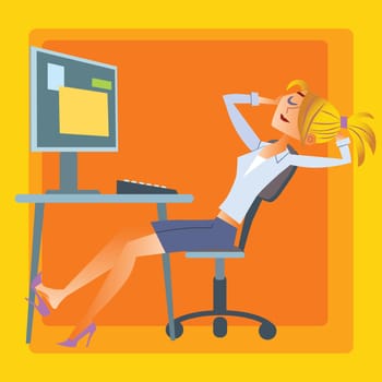 The girl in the office is resting in the computer. Pause in the work