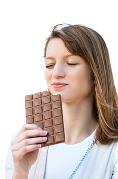 Portrait of young beautiful woman eating chocolate - lifestyle outdoor image