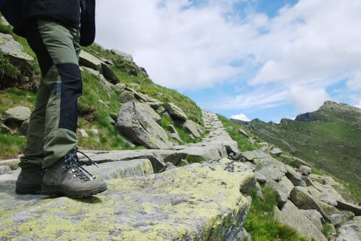 Detail of hiker legs in mountains