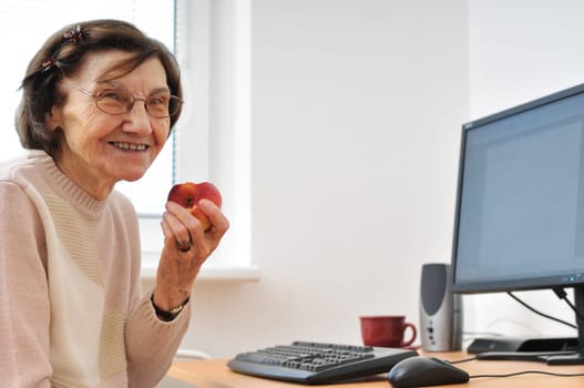 Portrait of smiling senior woman sitting at computer