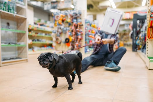 Father having fun with puppy in pet shop. Family chooses accessories in petshop, caring for domestic animals