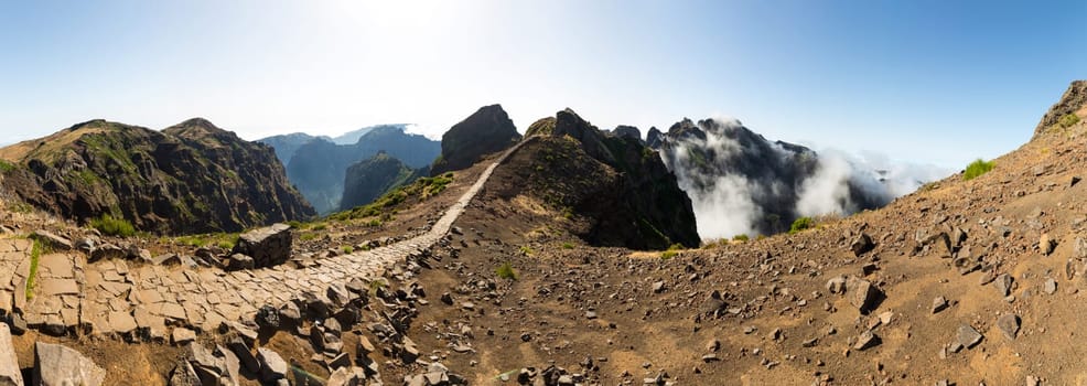 Panoramic view of hiking track high in mountains, Portugal, Madeira