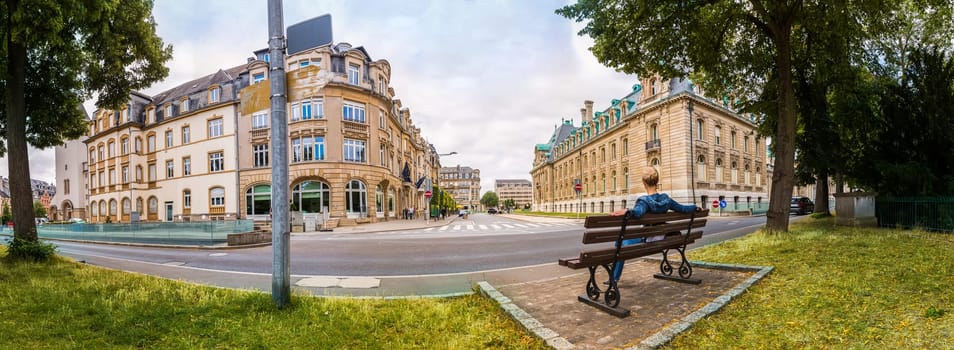 Bench on street, ancient European tourist city. Traditional architecture. Summer tourism and travels, famous europe landmark, popular places for vacation tour or holidays