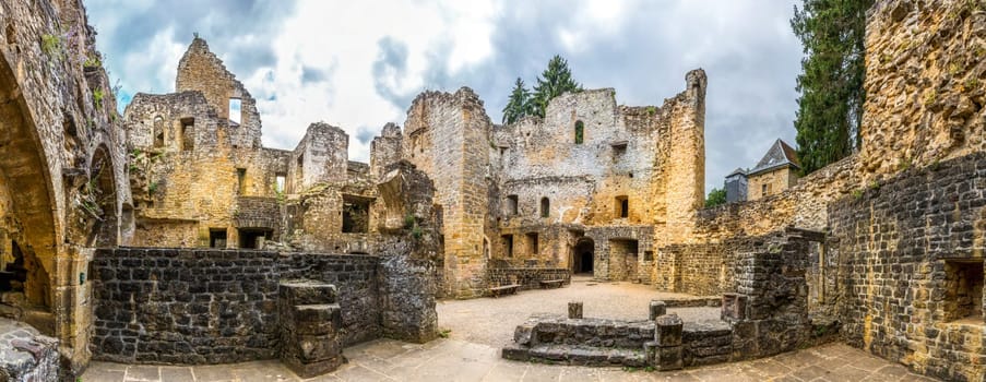 Old castle ruins, ancient stone building, Europe, panorama. Traditional european architecture, famous places for tourism and travel