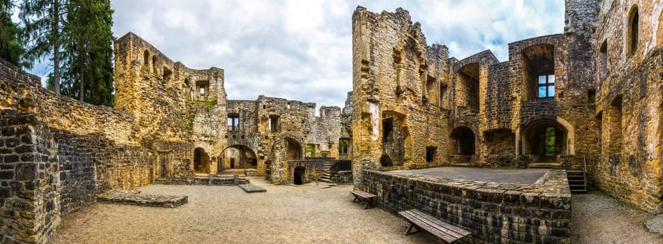Old castle ruins, ancient stone building, Europe, panorama. Traditional european architecture, famous places for tourism