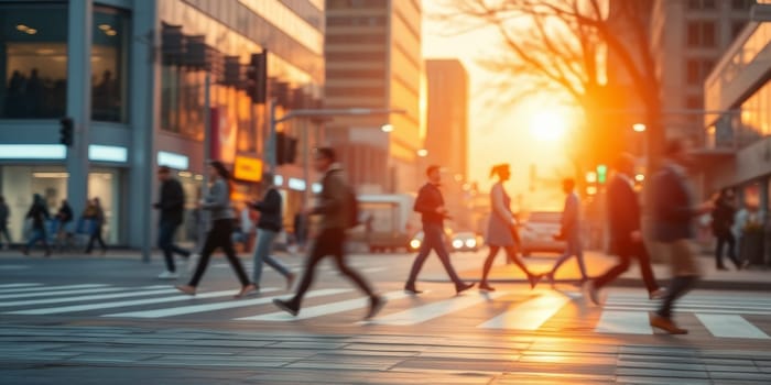A lot of people walk along the pedestrian crossing during rush hour. High quality photo