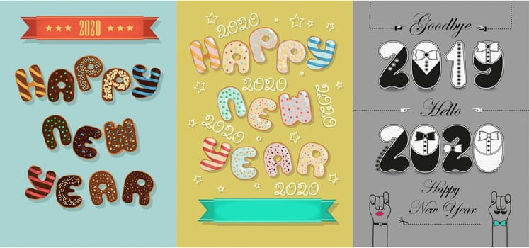 Happy New Year 2020. Artistic letters as chocolate donuts with cream and nuts decor. Goodbye 2019, Hello 2020 - tuxedos font.